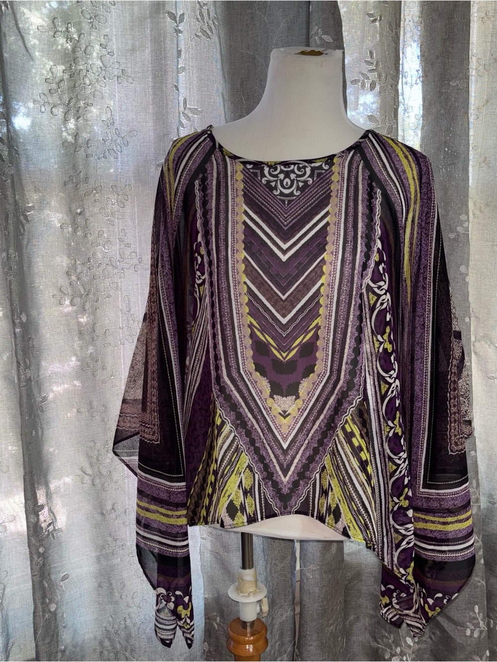 Vintage Christopher & Banks Purple and Yellow Printed Sheer Pullover Tunic